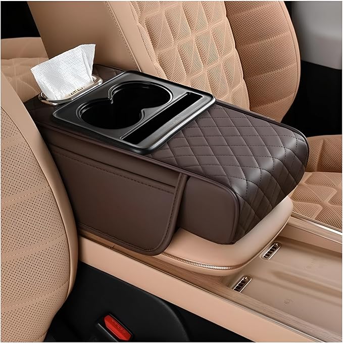 Car Center Console Armrest Pillow, Memory Foam Leather 4 in 1 Vehicle Arm Rest Cover with Tissue Box 2 Side Storage Bag Cup & Phone Holder, Auto Armrest Cushion, Universal Fit (Brown)