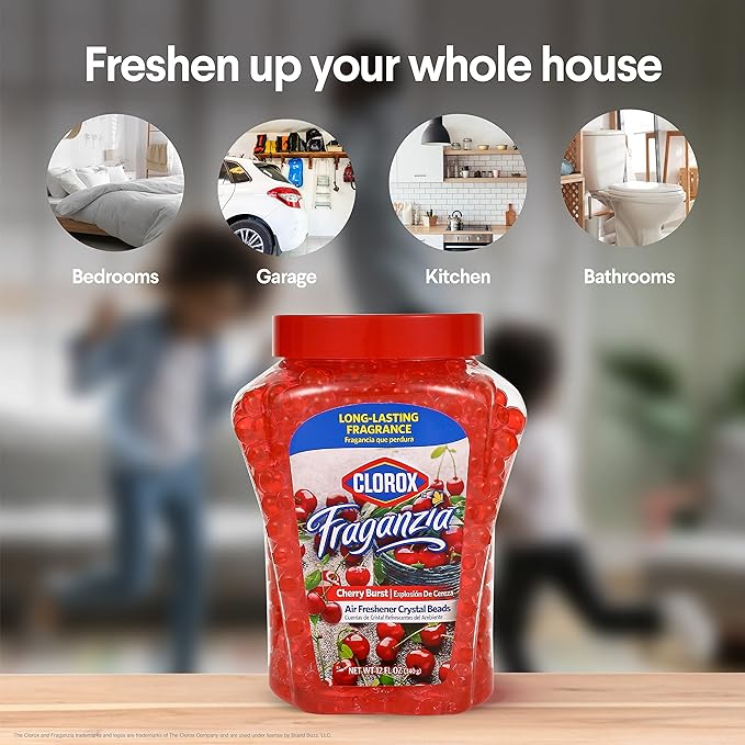 Clorox Fraganzia Crystal Beads Air Freshener, Long Lasting Room Deodorizer and Odor Eliminator Gel Beads to Freshen Home, Car, or Office, Cherry Burst Scent, 12 Fl Oz
