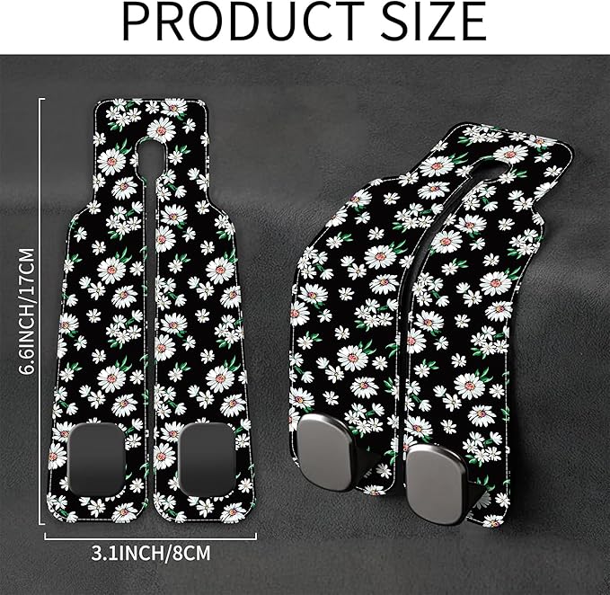 AEWNUNK Purse Hook for Car Little White Daisy Flowers 1 Pack Headrest Back Seat Hook Premium Leather Double Metal Hanger Storage Pack Bag Purse Holder Car Interior Accessories