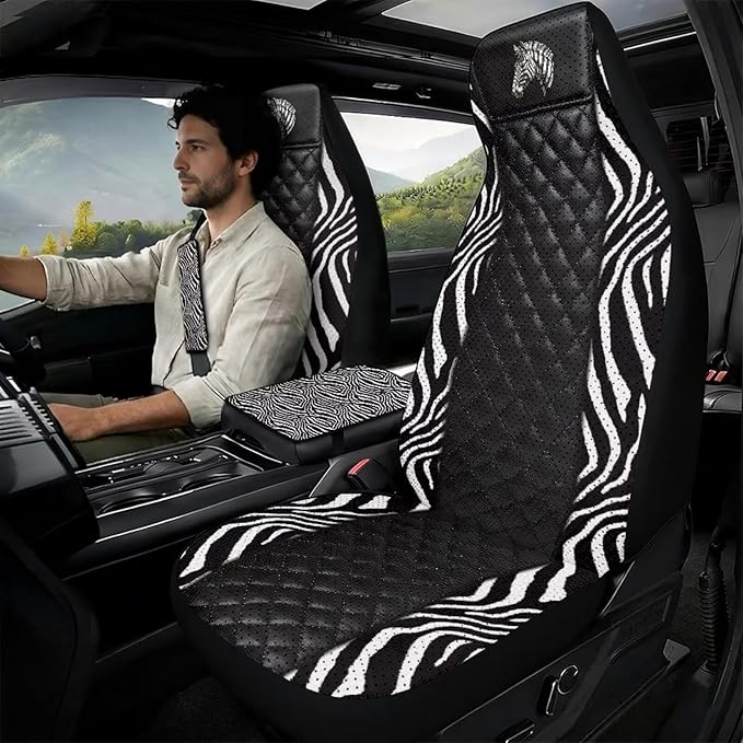 Psesaysky Zebra Black Car Seat Covers for Women Men, Car Front Seat Protector with 2 pcs Shoulder Strap Pads Cover Center Console Armrest Covers Universal Fit Most Truck SUV Van