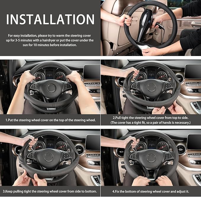 COFIT Breathable Car Steering Wheel Cover 15 inch Auto Universal Leather Wrap Non-Slip Steeringwheel Protector Automotive Interior Accessories, Black (Suit for 14 1/2-15 inch)