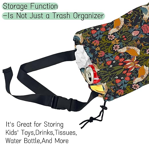 NHNXHWIA Victorian Birds Car Garbage Bag,Berries and Flowers Waterproof Small Car Trash Bag Hanging Back of Seat,Drawstring Hanging Car Trash Bag with Adjustable Buckle for Car Accessories