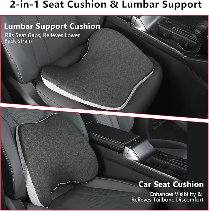 2 in 1 Car Seat Cushions or Lumbar Support Pillow for Driving, Memory Foam Truck Seat Pad for Office Chair, Sciatica & Lower Back Pain Relief, Grey