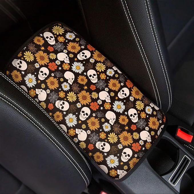 Skull Daisy Car Center Console Cushion Pad Protector Arm Rest Car Comfortable Auto Fashion Auto Interior Armrest Console Accessories Fit Most Cars, Truck, SUV, or Van
