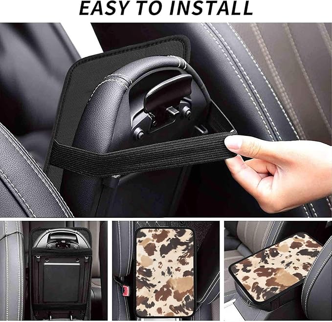 Universal Car Center Console Cushion Pad, Brown Cow Print Soft Waterproof Car Center Console Cover Auto Armrest Seat Box Cover Protector for Most Vehicle SUV Truck Car