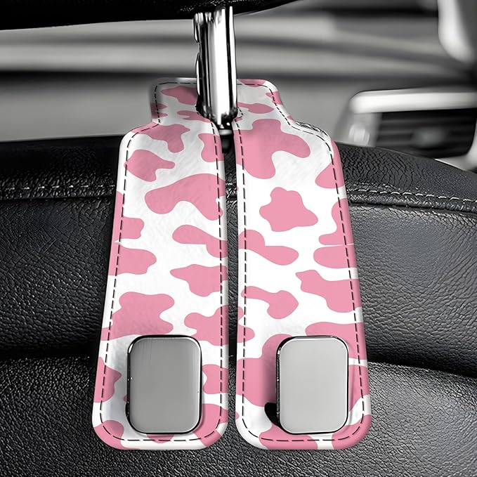 AXBSAKDI Car Seat Back Storage Headrest Hook, Premium Leather Double Metal Hook, Hanger Storage Organizer for Purse Cloth Bag, Car Interior Accessories Pink Cute Cowhide