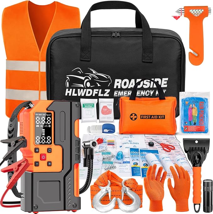 HLWDFLZ Car Roadside Emergency Kit, Jump Starter with Air Compressor, First Aid Kit, Tow Rope, Roadside Safety Emergency Tool Kit for Women, Men, Teen (Orange)