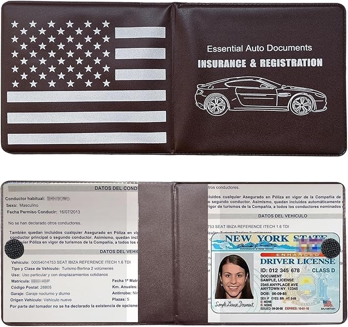 Ziciner Car Registration Insurance Holder, 2Pack Essential Auto Card Document Glove Box Organizer with Touch Fastener, Vehicle Interior Accessories Perfect for Most Car, Truck, SUV (Brown/Back Flag)