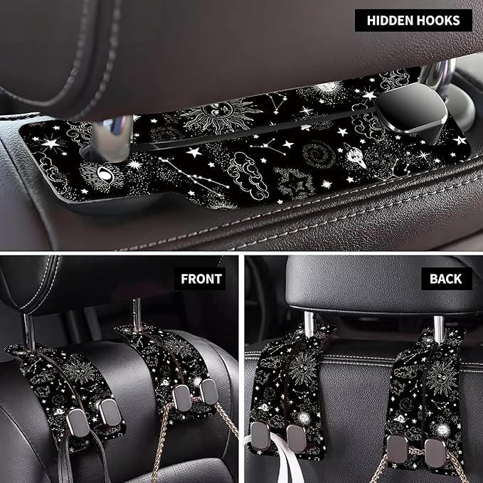 AXBSAKDI Car Seat Back Storage Headrest Hook, Premium Leather Double Metal Hook, Hanger Storage Organizer for Purse Cloth Bag, Car Interior Accessories Black White Sun Moon