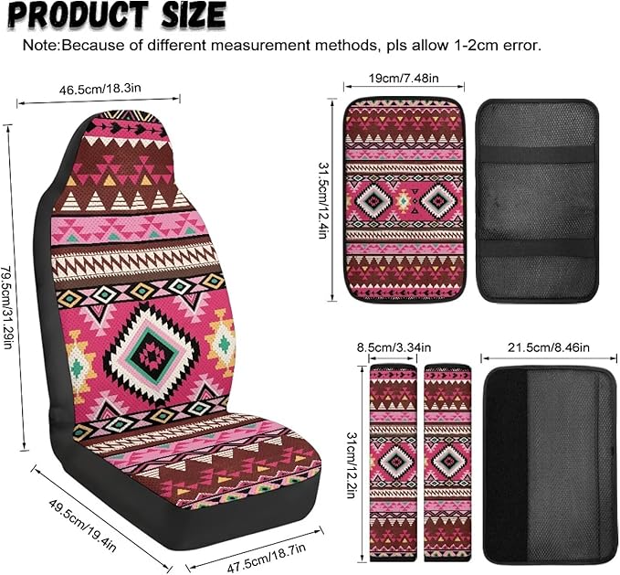 Qeluxign PU Leather Car Seat Covers Set - Pink Tribal Geometric-Includes 2 Seat Protectors, 2 Shoulder Pad Covers, 1 Armrest Cover for Car Decoration