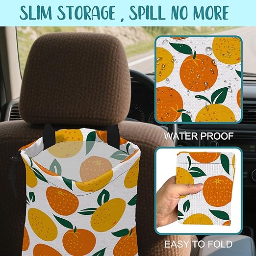 KXWQTRDD Car Garbage Bag Cartoon Oranges Fruits Hanging Canvas Car Trash Bag Waterproof Drawstring Car Back Seat Organizer for Car Back Front Seat Console with Adjustable Buckle