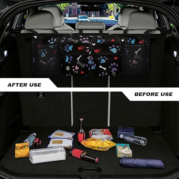 CLOHOMIN Dog Paw Car Organizer for SUV Sedan Truck Hanging Car Trunk Backseat Organizer Multi Trunk Organizer Decor Red Heart Cargo Storage Bag with 4 Pockets