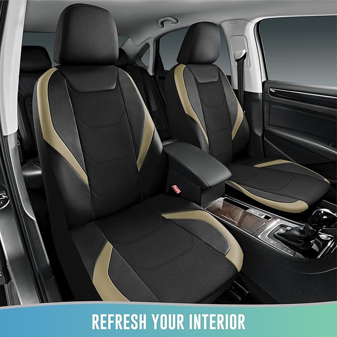 Road Comforts Car Seat Cover, Leather Mesh Front Seat Cover, Universal Fit for Most Cars, SUVs, Trucks, and Vans, Airbag Compatible - Beige