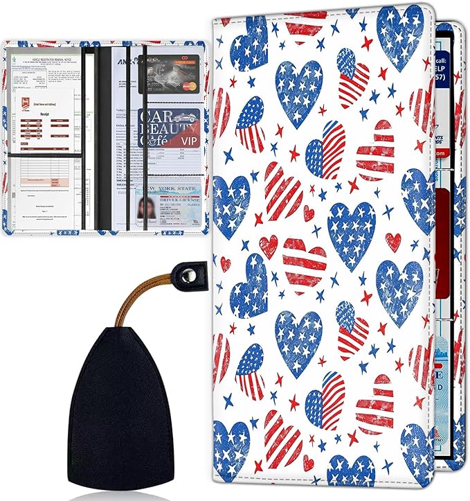 SOTWONSO Car Registration Holder, PU Leather Vehicle Card Document Glove Box Organizer, Women Interior Auto Accessories Case for Cards, Driver License Car Insurance Holder, Patriotic Americana Hearts