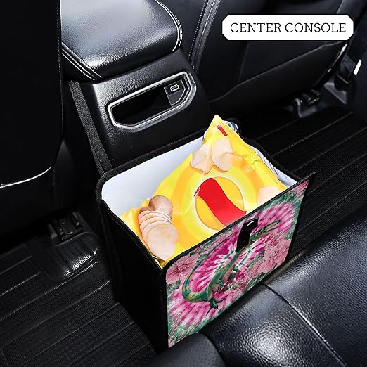 Car Trash Can Organizer Bin with Adjustable Strap for Back Front Seat Console Waterproof Leakproof Collapsible Portable 11 Inch Tie Dye Dinosaur Pink Green