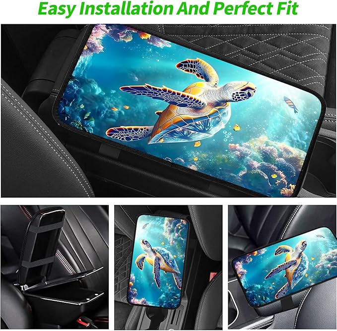 JANENFNA Car Armrest Cover Pads Universal Fashion Cute Auto Center Console Armrest Cover Pad with 2PCS Car Coasters Soft Waterproof Car Armrest Seat Protector for Women,Cute Turtle