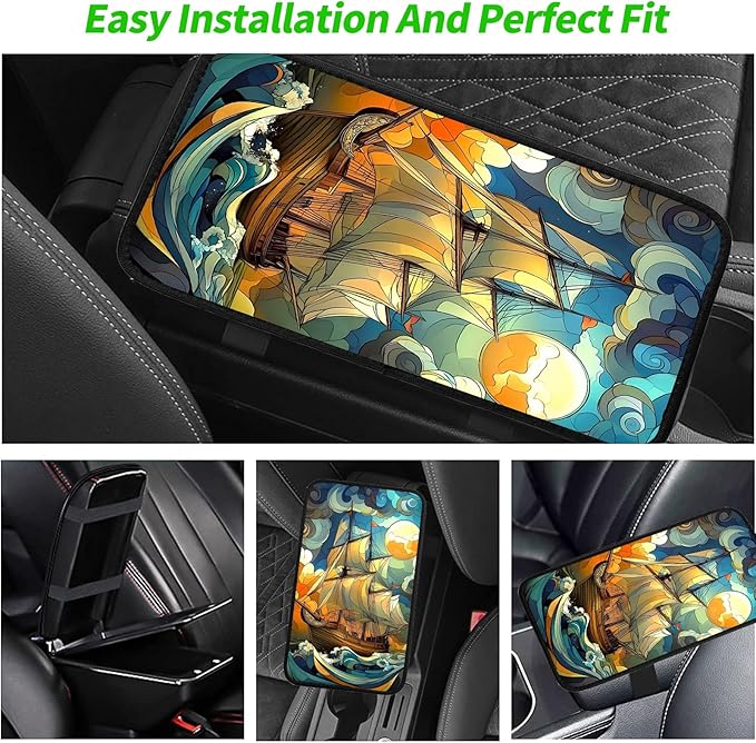 JANENFNA Car Armrest Cover Pads Universal Fashion Cute Auto Center Console Armrest Cover Pad with 2PCS Car Coasters Soft Waterproof Car Armrest Seat Protector for Women,Ocean Sailboat
