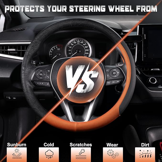 SEG Direct Steering Wheel Cover for 14.5-15 inch Wheels, Breathable PU Leather with Perforated Sides, Anti-Slip Grip, Universal Fit for Cars & SUVs, Black and Orange