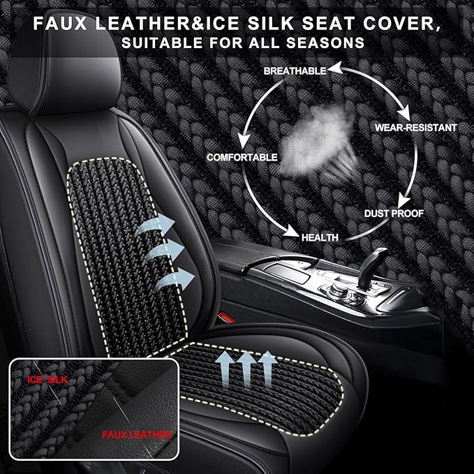 TTX LIGHTING Car Seat Covers fit for Cadillac STS 2013-2018 - Waterproof Leather & Breathable Ice Silk Automotive Seat Protectors (2 Front Seats, Black)