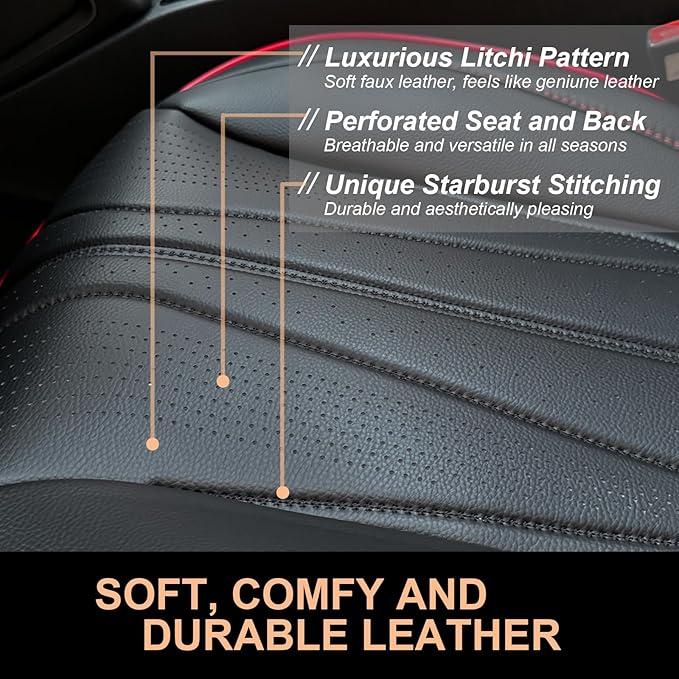 PINCTROT Car Seat Covers Front Set, Breathable Soft Pebbled Leather, Luxury Waterproof Seat Cushion, Airbag Compatible, Seat Protector Universal Fit Most Cars (Front Set, Black Red Trim)