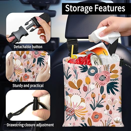 AFYEWKC Car Trash Bag Large Hanging Can for Back of Seat, Cute Waterproof Car Garbage Bag for Vehicle, Travelling, Outdoor Cute Boho Pink Floral