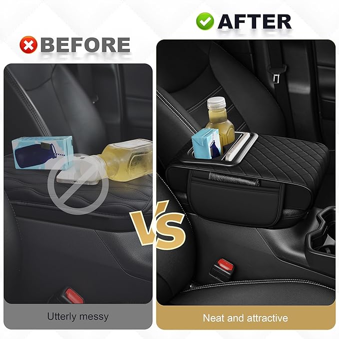 Center Console Cover for Accord: Armrest Cover for Car with 2 Storage Bags - Waterproof Leather Center Console Cover with Cup Holder for Car,Anti-Scratch Auto Armrest Pad Accessory （Black