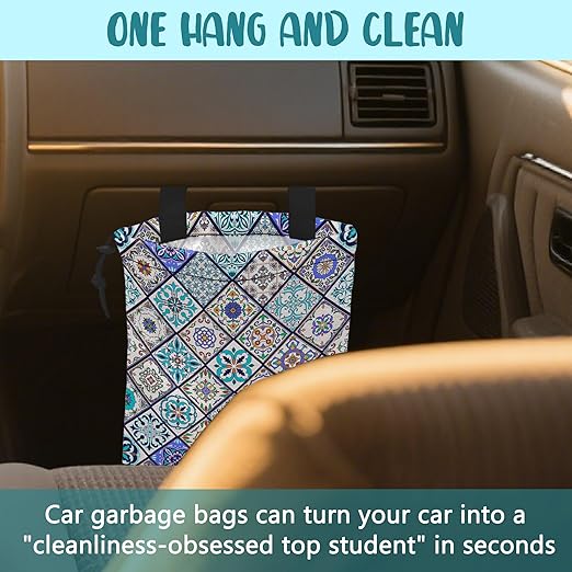 KXWQTRDD Car Garbage Bag Abstract Portuguese Tiles Drawstring Car Trash Bag Hanging for Back Seat with Adjustable Buckle Canvas Vehicle Trash Can Easy-to-Install