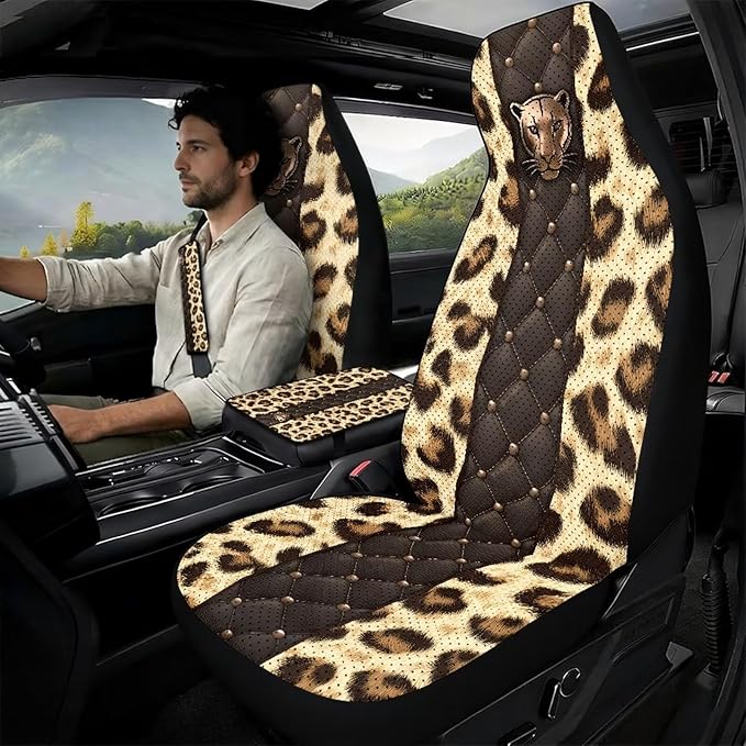 Qeluxign 5 Piece Car Seat Covers Full Set for Men Women PU Leather Front Seats Cover Auto Seatbelt Shoulder Pads Vehicle Center Console Armrest Cover,Leopard Print Panther Head