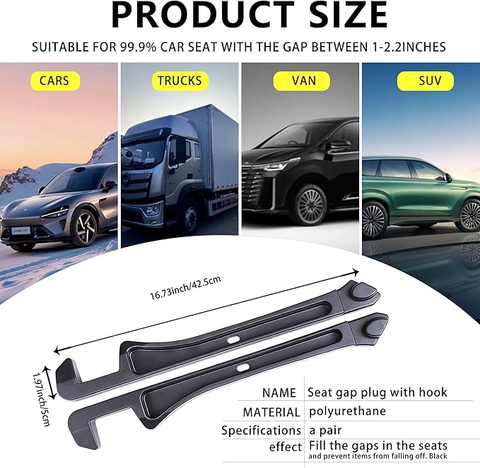 Keaixinyu 2PCS New Universal Car Seat Gap Filler Organizer with Hook Durable & Easy Install, for Cars SUV Trucks, Car Essentials, Effectively for Avoiding Dropped Items (Black)