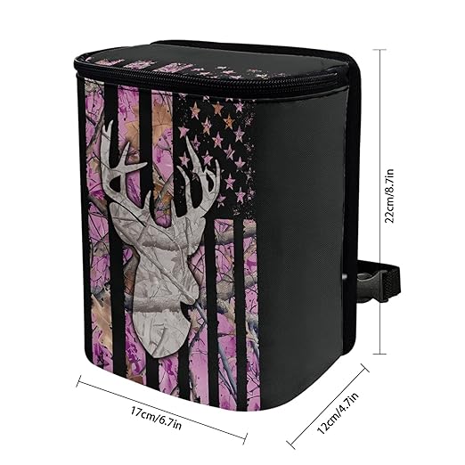 Pink Camo Deer Car Trash Can American Flag Automotive Garbage Can Vehicle Trash Bag with Adjustable Straps Auto Waster Container with Zip Camping Picnicing Hiking Bag