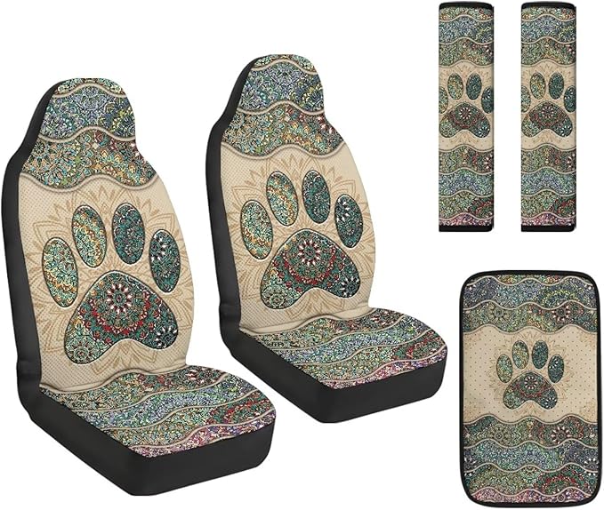 FUSURIRE Boho Paws Print Car Accessories Full Set 5 Pack PU Leather Seat Covers for Cars Seat Belt Cover Armrest Cushion Breathable Auto Interior Accessories for Women Men