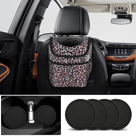 Big Ant Car Cup Holder Coaster and Car Trash Can Bin for Back Seat Leak Proof, Leopard print Cute Trash Bag Hanging, for SUV Truck Van,Automotive Vehicle Garbage Cans Front Seat Storage Pockets