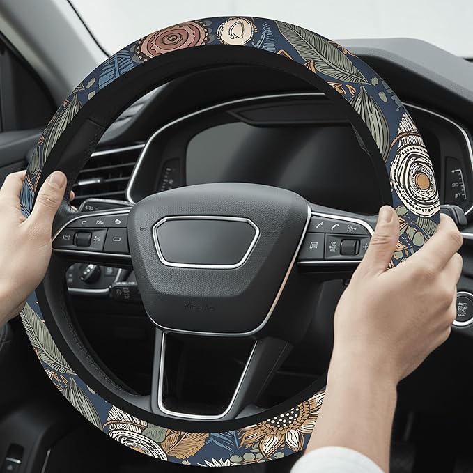 Cute Steering Wheel Cover for Women, Machine Washable Universal 14.5-15.5 inch Non-Slip Grip All Weather Use (Retro Floral Blue)