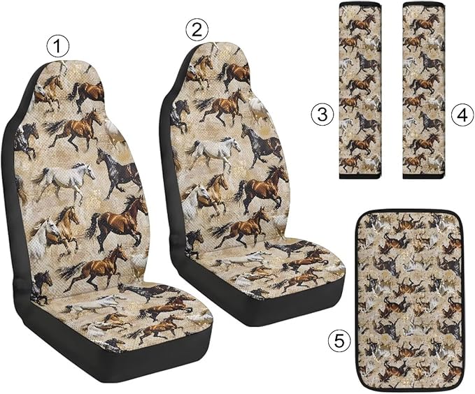 Qeluxign Horses Car Seat Cover Set with Armrest Cover Cushion PU Automotive Car Cover and Seat Belt Shoulder Straps Pad, Universal Fit for Truck Sedan SUV, Pack of 5