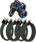 65W 4 Port Super Fast Type C Car Charger for Samsung S25 S24 S23 Ultra A53 A16, Multi Port PD/QC 3.0 Fast Charging Cigarette Lighter USB Charger with Voltage Meter++4 Pack USB C Cables