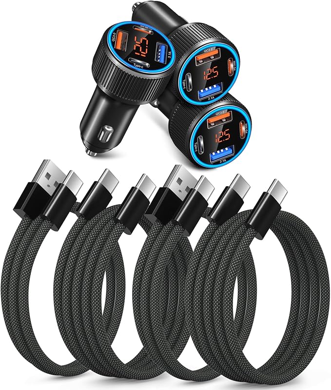65W 4 Port Super Fast Type C Car Charger for Samsung S25 S24 S23 Ultra A53 A16, Multi Port PD/QC 3.0 Fast Charging Cigarette Lighter USB Charger with Voltage Meter++4 Pack USB C Cables