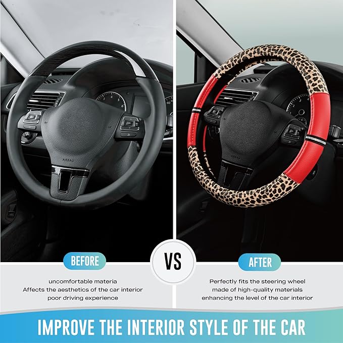Road Comforts Leopard Steering Wheel Cover - Made with PVC Leather Cheetah Print - Anti-Slip, Universal Fit 14 1/2 inches to 15 inches - Red