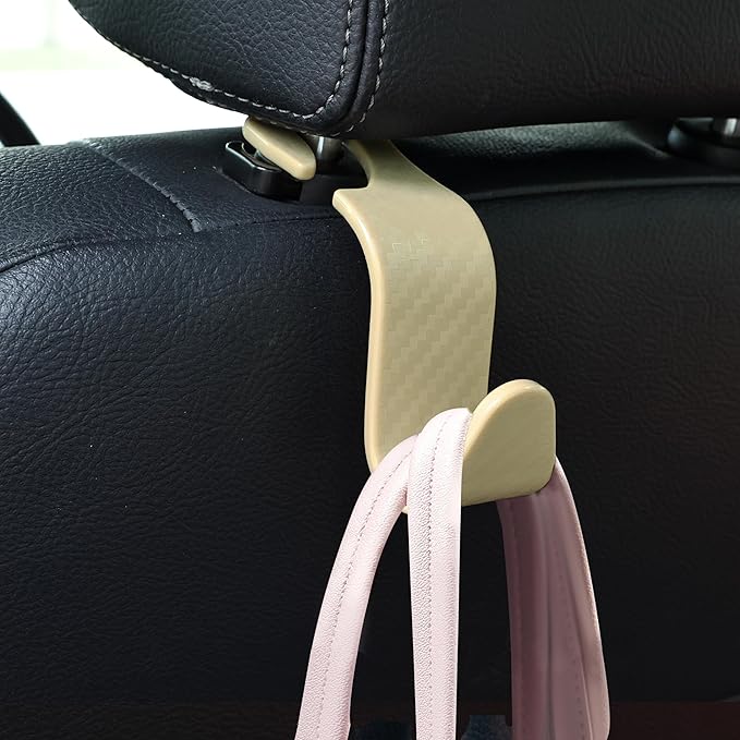 Amooca Car Seat Headrest Hook 4 Pack Hanger Universal Vehicle Car Storage Organizer for Handbag Purse Coat S Type Checkered Beige