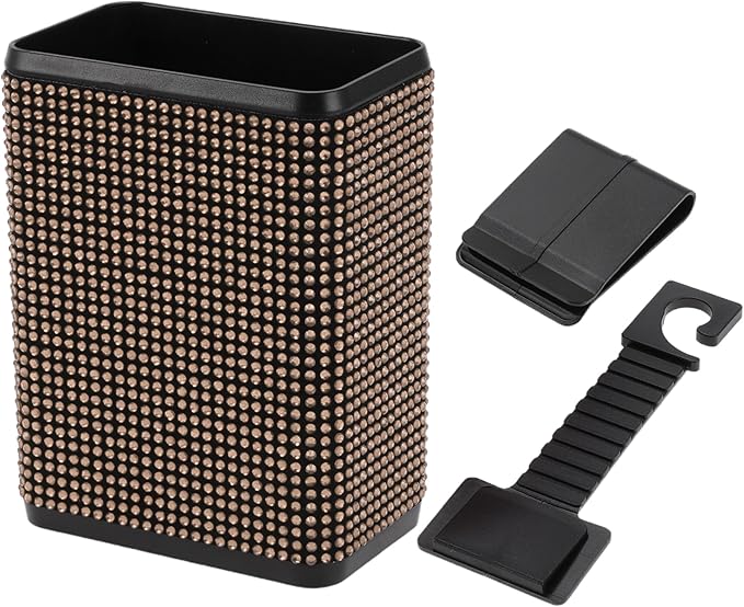 1 Pcs Universal Car Trash Can Hanging 4.3" Length 2.8" Width 5.5" Height Trash Bin with Hook and Back Clip Champagne Plastic Rhinestone