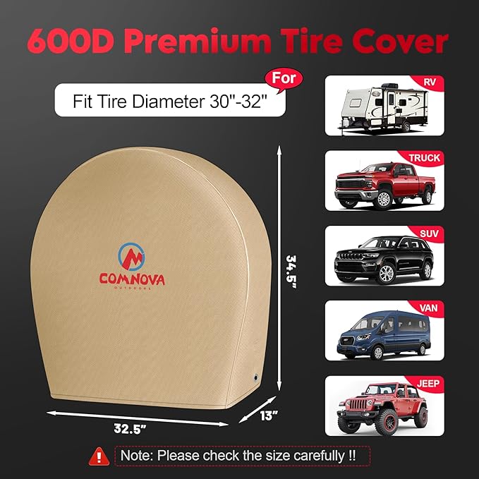 RV Tire Covers 4 Pack, Tough Tire Wheel Protector for Truck, SUV, Travel Trailer, Camper, Van, PU Oxford Waterproof Sun Rain Snow Protector Cover, Fits Tire Diameters 30-32 inch, Beige