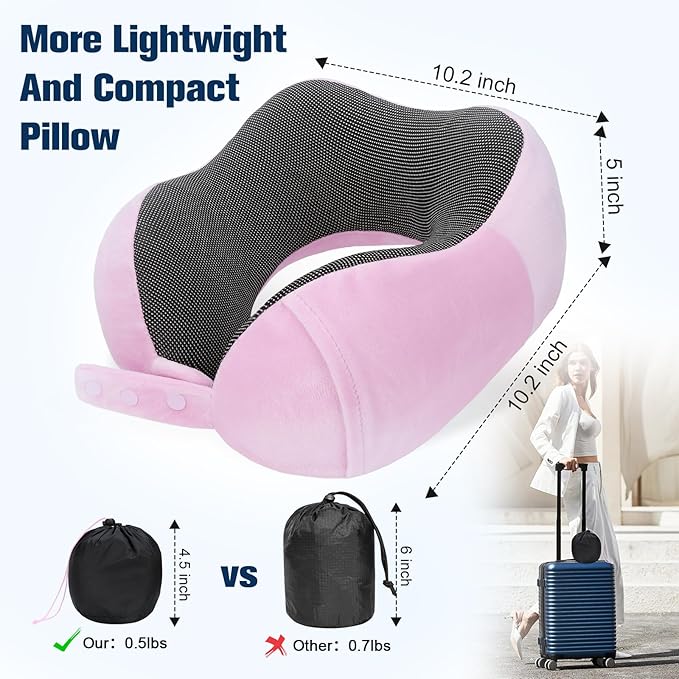 Cirorld Neck Pillow for Traveling, Travel Pillows for Airplanes,100% Pure Memory Foam Travel Neck Pillow, Adjustable Flight Pillow, Portable Plane Accessories with Eye Mask, Earplugs, Carry Bag