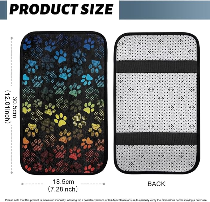 Bulopur Colorful Dog Paw Prints Auto Armrest Console Car Accessories Car Center Console Cover Easy to Install Armrest Console Cover Flannel Thickened Fit for Most Cars, Vehicles, SUVs