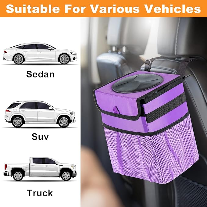 GPUSFAK Car Trash Can Foldable Garbage Bin Leakproof 2.3 Gallons Car Trash Bag Purple
