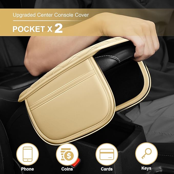 Center Console Cover for Passport: Armrest Cover for Car with 2 Storage Bags - Scratch & Wear Resistant & Waterproof Leather Console Cover,Anti-Scratch Auto Armrest Pad Accessory （Beige
