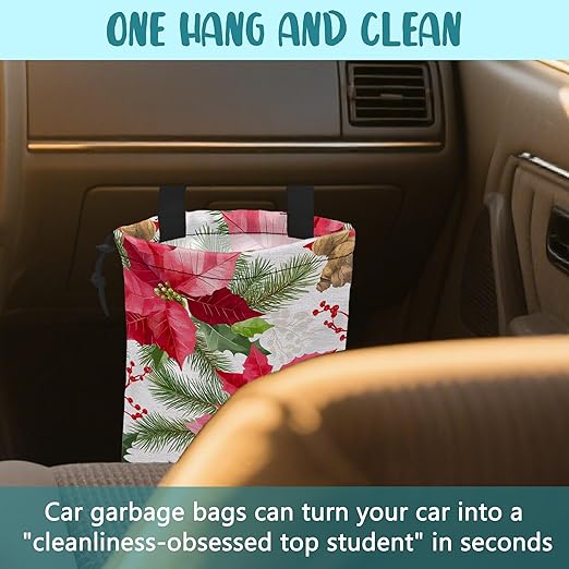 KXWQTRDD Car Garbage Bag Red Poinsettia Xmas Green Leaves Drawstring Car Trash Bag Hanging for Back Seat with Adjustable Buckle Canvas Vehicle Trash Can Easy-to-Install