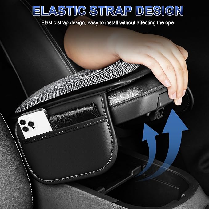Bling Center Console Cover Fit for Nissan Rogue Sport 2017-2022: Crystal Rhinestone Automotive Armrest Cushion-Stylish Diamond Arm Rest Protection Mat(Black)