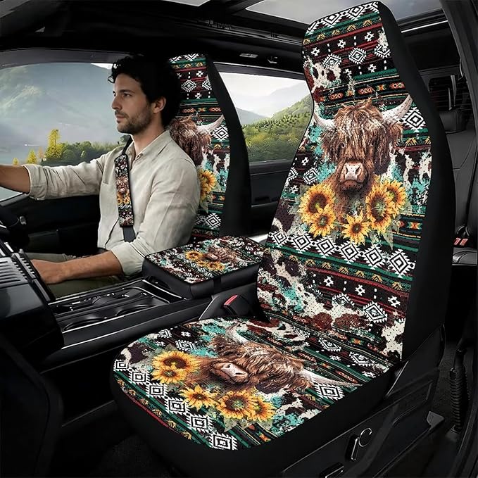 Oramclsy Aztec Tribe Car Seat Covers for Men Highland Cow PU Breathable Armrest Pad PU Breathable Seat Belt Covers 5 Pack Set Accessories Decor Easy to Install