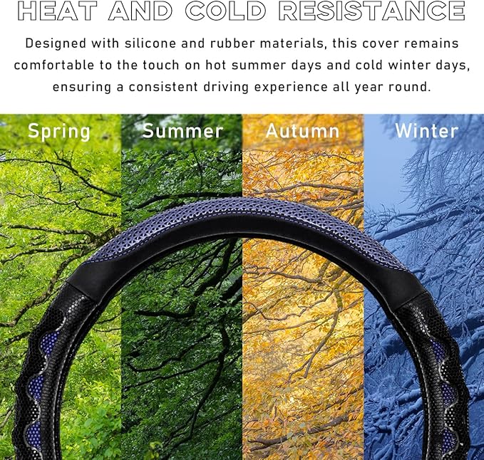 Car Steering Wheel Cover, 15 Inch Leather D-Shaped Comfy Grip Steering Wheel Protector, Anti-Slip Steering Wheel Cover with 3D Honeycomb for Most Vehicles, Car Accessories (Blue)