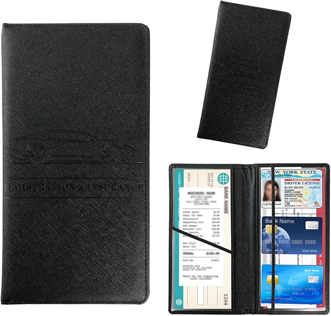 Kewucn Car Registration and Insurance Card Holder, Leather Auto License Document Glove Box Compartment Organizer, Essentials Vehicle Wallet Case for Driver License, ID Card (Cross Black)