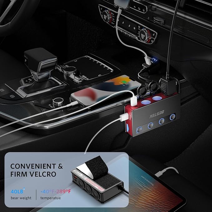 BESTEK 9in1 Cigarette Lighter Splitter with180W 3-Socket PD36W/65W Car Adapter and QC3.0 18W Charging Ports,Independent Output Power, LED Display Super Fast Charger for Truck/SUV/Camping/iPhone 17
